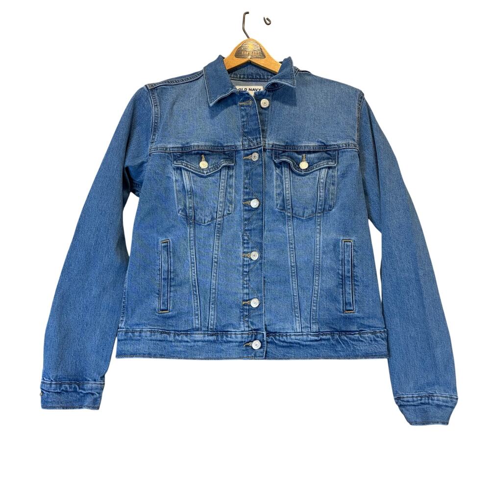 Old Navy Women's Denim Jacket Medium Blue Jean Button Front Classic Casual Model